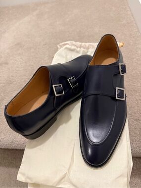 Men's Double Monk Strap Navy Leather dress shoes with apron UK6 Goodyear welt